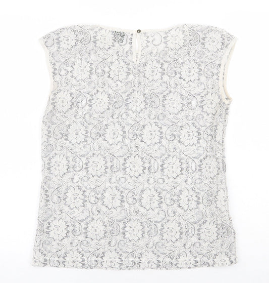 Eddie Bauer Womens Grey Floral Cotton Basic Blouse Size S Round Neck