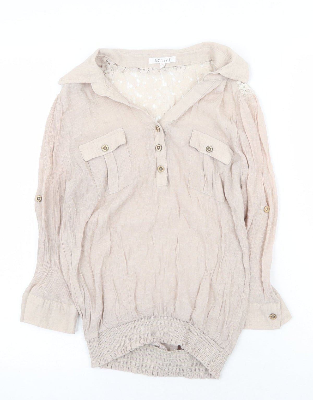 Active Womens Beige Cotton Basic Blouse Size M V-Neck - Lace Detail