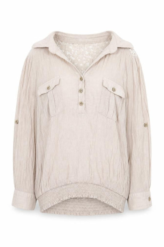 Active Womens Beige Cotton Basic Blouse Size M V-Neck - Lace Detail