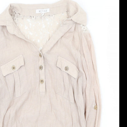 Active Womens Beige Cotton Basic Blouse Size M V-Neck - Lace Detail