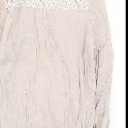 Active Womens Beige Cotton Basic Blouse Size M V-Neck - Lace Detail