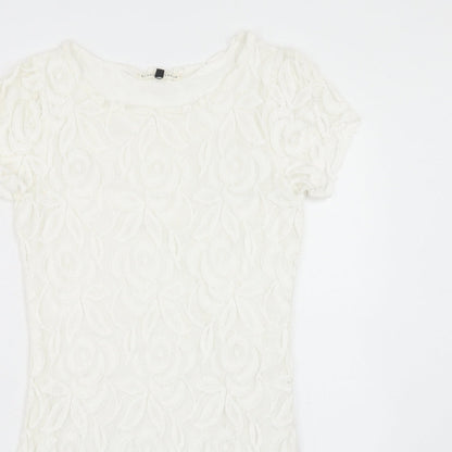 Blonde + Blonde Womens White Floral Polyester A-Line Size 10 Round Neck Pullover