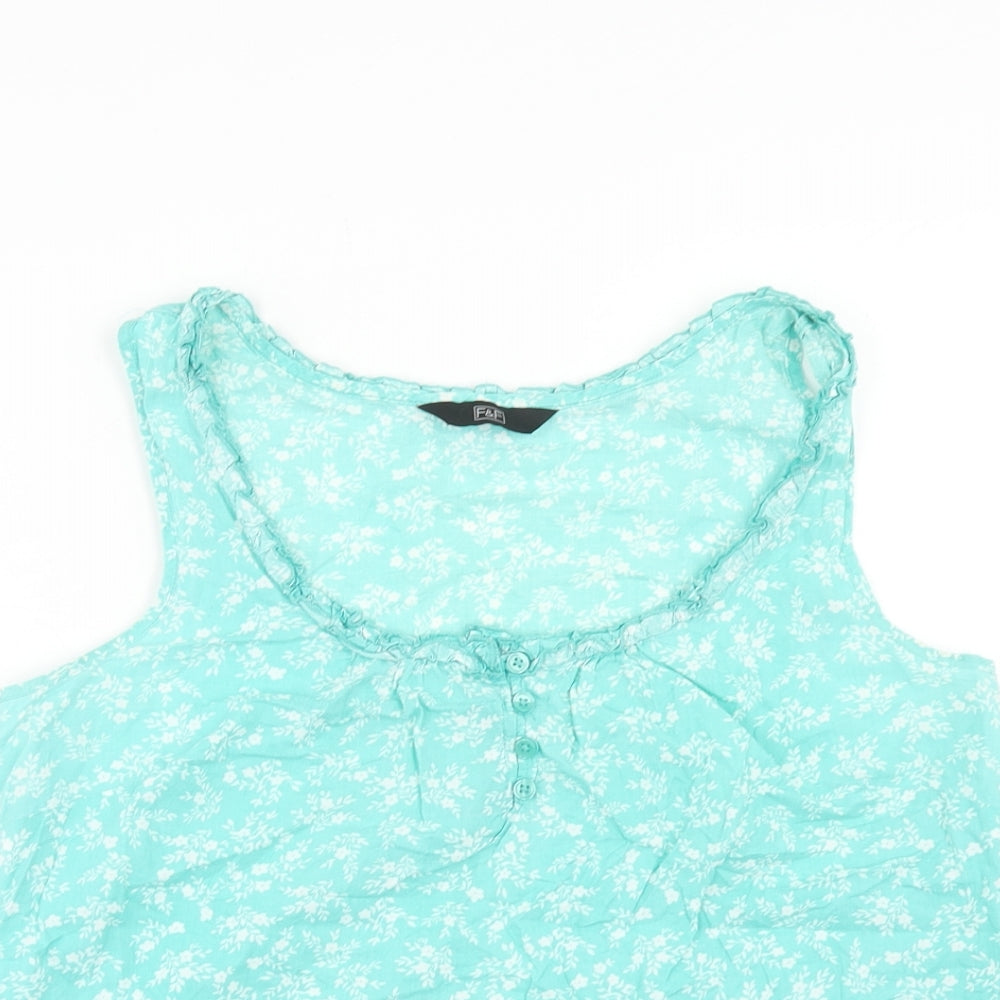 F&F Womens Blue Floral Cotton Basic Tank Size 12 Scoop Neck