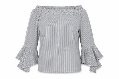 Piano C Womens Grey Striped Cotton Basic Blouse Size S Off the Shoulder - Bardot