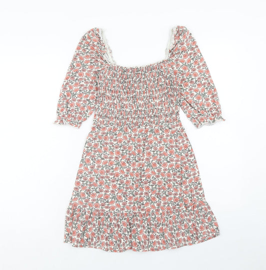 Miss Selfridge Womens Pink Floral Cotton Fit & Flare Size 8 Off the Shoulder Pullover