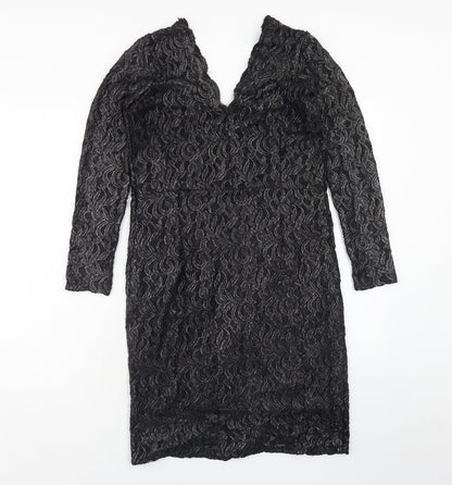 NEXT Womens Black Geometric Nylon A-Line Size 16 V-Neck Zip