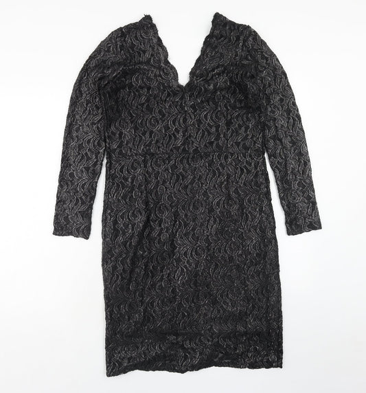 NEXT Womens Black Geometric Nylon A-Line Size 16 V-Neck Zip