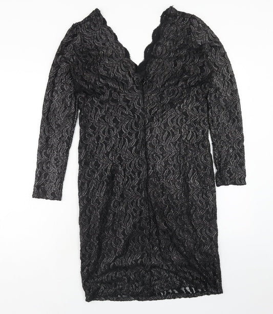 NEXT Womens Black Geometric Nylon A-Line Size 16 V-Neck Zip