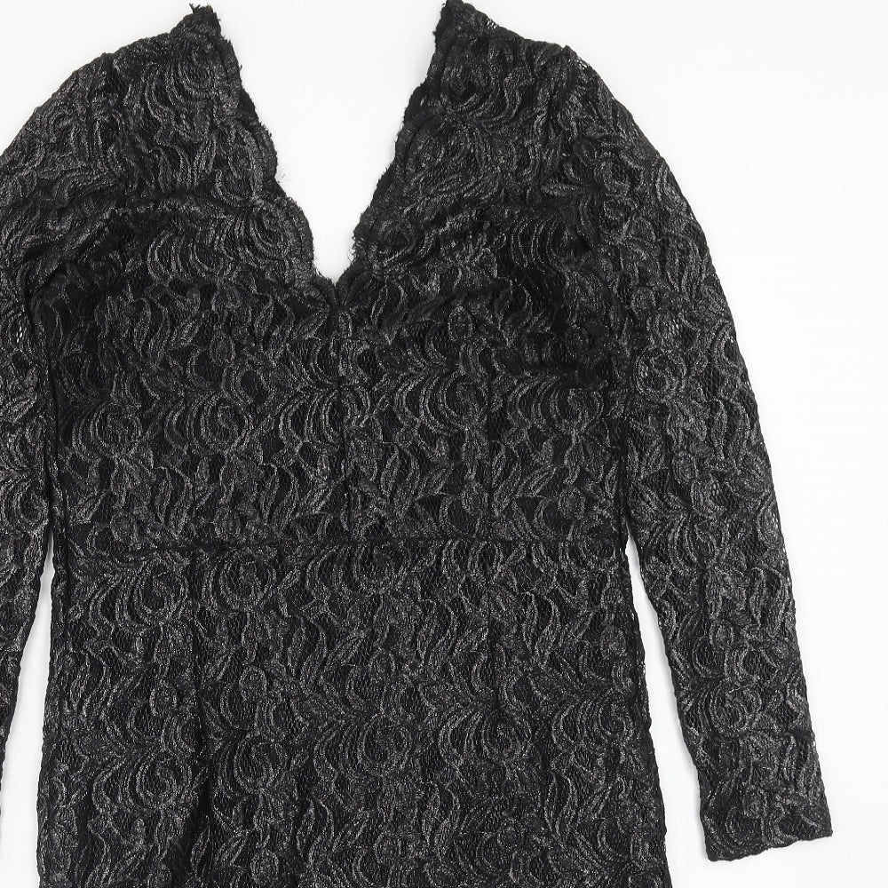 NEXT Womens Black Geometric Nylon A-Line Size 16 V-Neck Zip