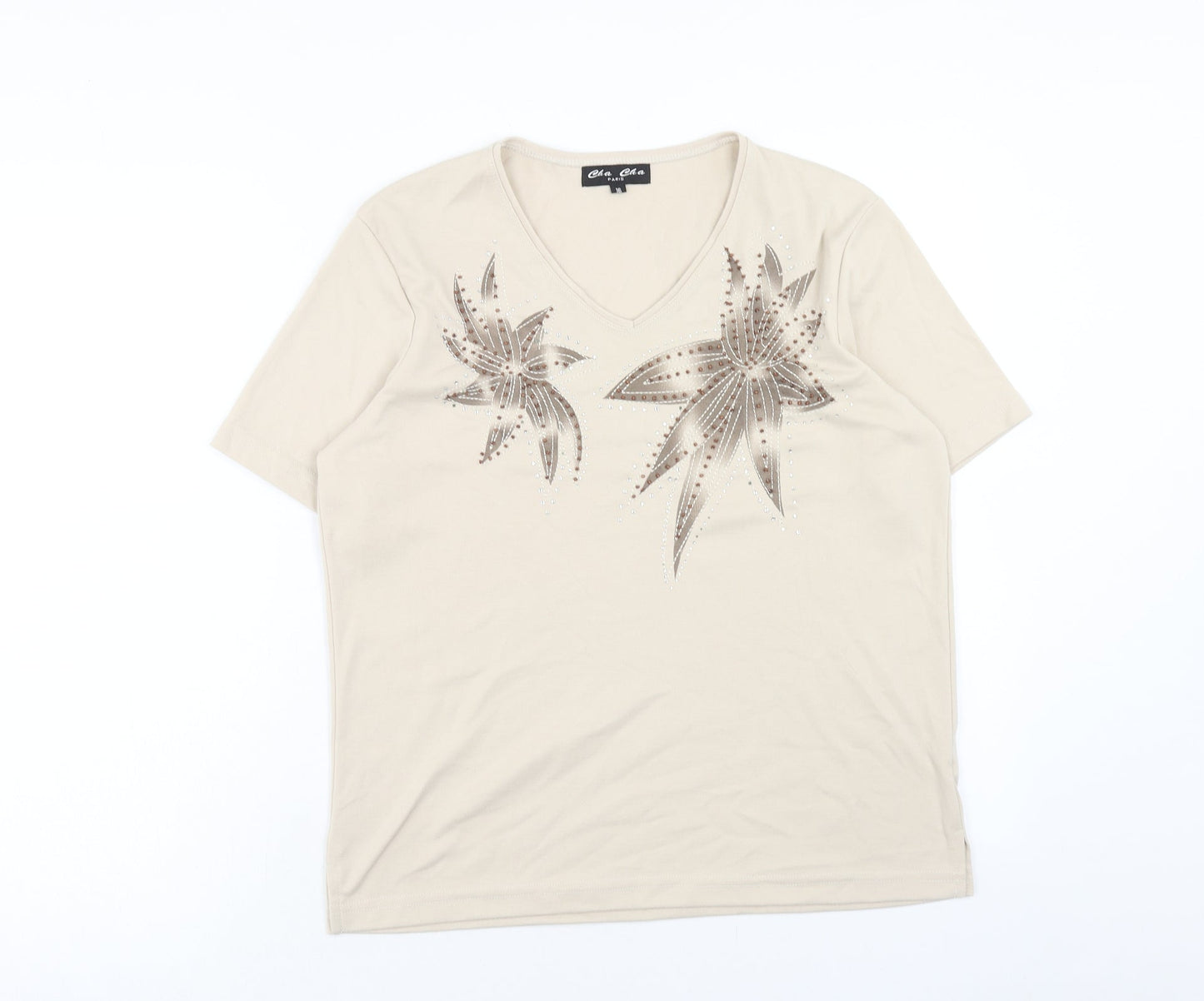 cha cha Womens Beige Polyester Basic T-Shirt Size 16 V-Neck