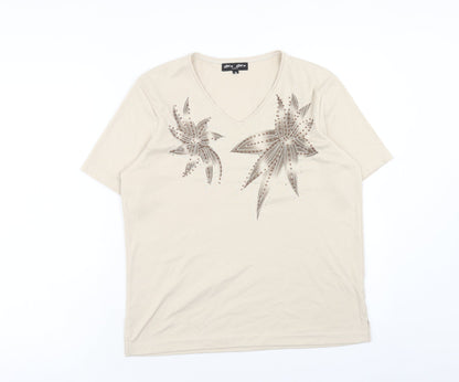 cha cha Womens Beige Polyester Basic T-Shirt Size 16 V-Neck