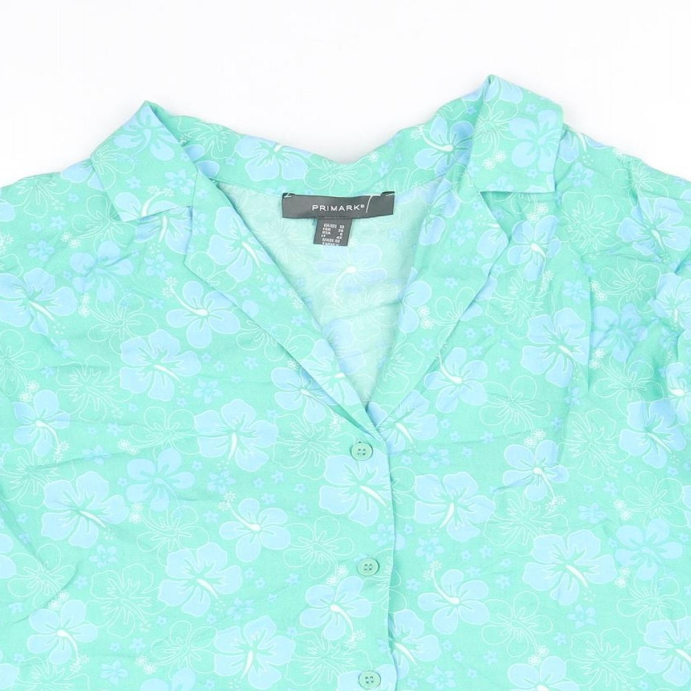 Primark Womens Blue Geometric Viscose Basic Button-Up Size 10 V-Neck