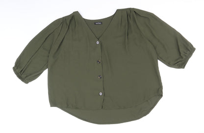 Boohoo Womens Green Polyester Basic Button-Up Size 14 V-Neck