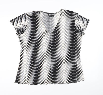 Feline Womens Black Geometric Polyester Basic T-Shirt Size M V-Neck