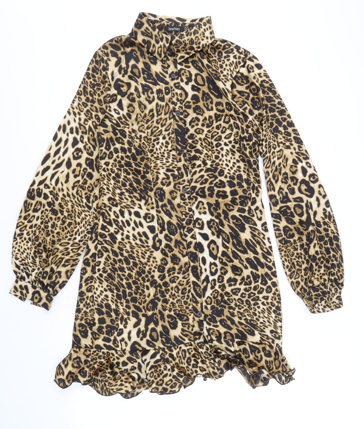 Boohoo Womens Beige Animal Print Polyester Shirt Dress Size 10 Collared Button - Leopard Pattern