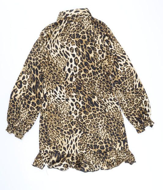 Boohoo Womens Beige Animal Print Polyester Shirt Dress Size 10 Collared Button - Leopard Pattern