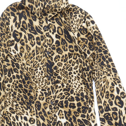 Boohoo Womens Beige Animal Print Polyester Shirt Dress Size 10 Collared Button - Leopard Pattern