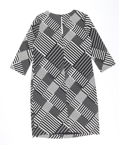 Marks and Spencer Womens Black Geometric Polyester Shift Size 10 V-Neck Button