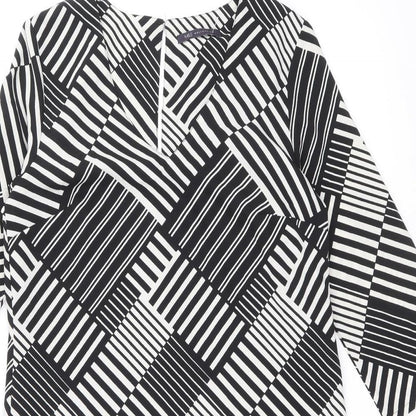 Marks and Spencer Womens Black Geometric Polyester Shift Size 10 V-Neck Button