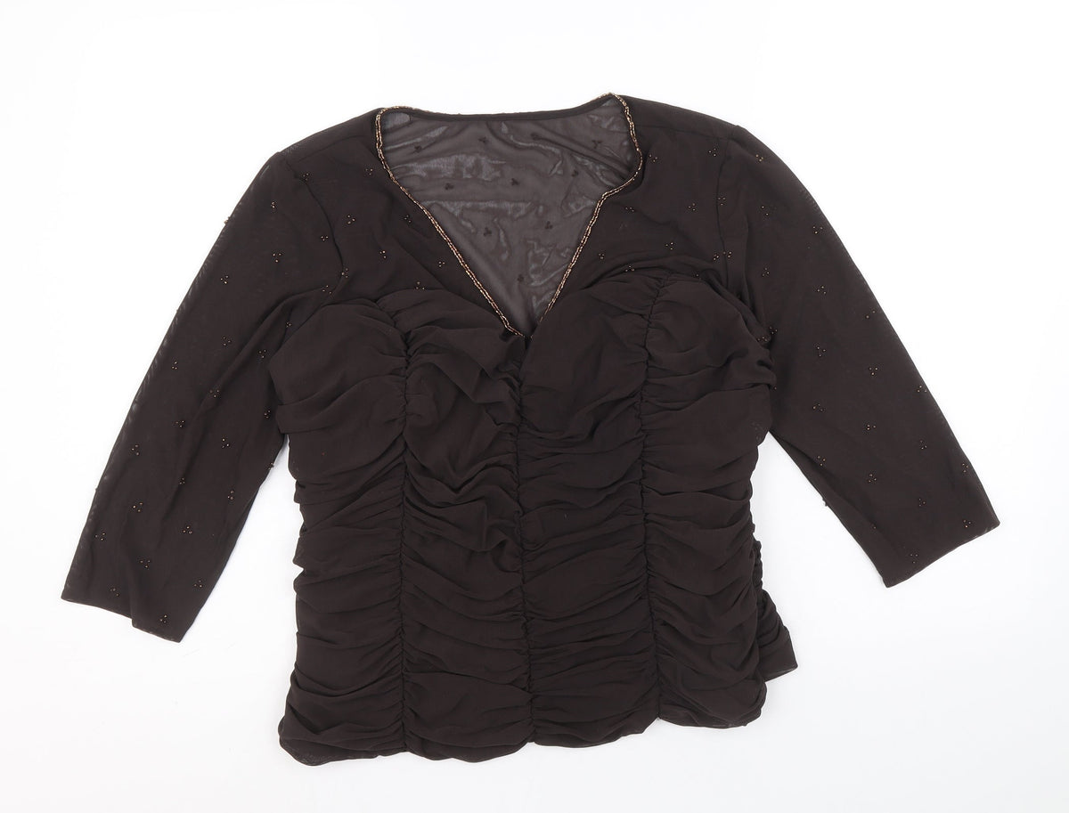 Arruba Womens Brown Nylon Basic Blouse Size 14 V-Neck