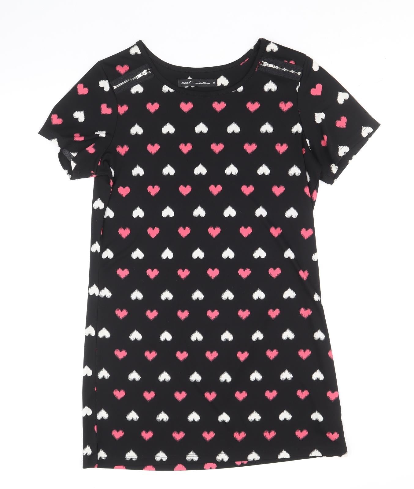 NEXT Womens Black Geometric Polyester Shift Size 12 Scoop Neck Pullover - Hearts