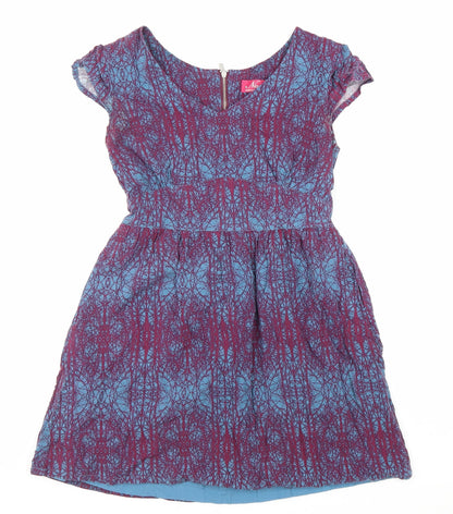 Ness Womens Blue Geometric Viscose A-Line Size 10 V-Neck Zip
