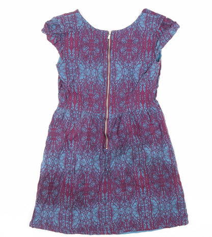 Ness Womens Blue Geometric Viscose A-Line Size 10 V-Neck Zip
