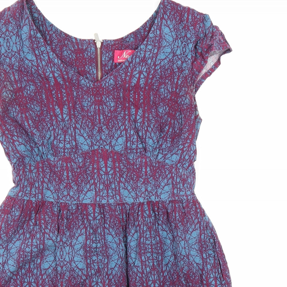 Ness Womens Blue Geometric Viscose A-Line Size 10 V-Neck Zip