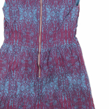 Ness Womens Blue Geometric Viscose A-Line Size 10 V-Neck Zip