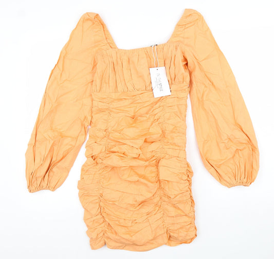 In the Style Womens Orange 100% Cotton Pencil Dress Size 6 Square Neck Zip - Ruched