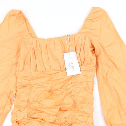 In the Style Womens Orange 100% Cotton Pencil Dress Size 6 Square Neck Zip - Ruched