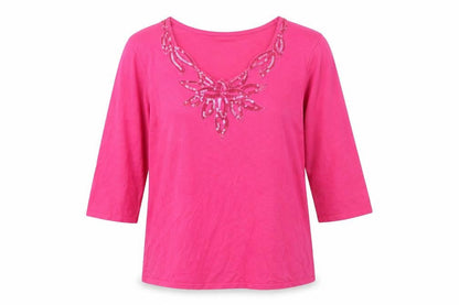 SKY DESIGNS Womens Pink Viscose Basic T-Shirt Size M V-Neck