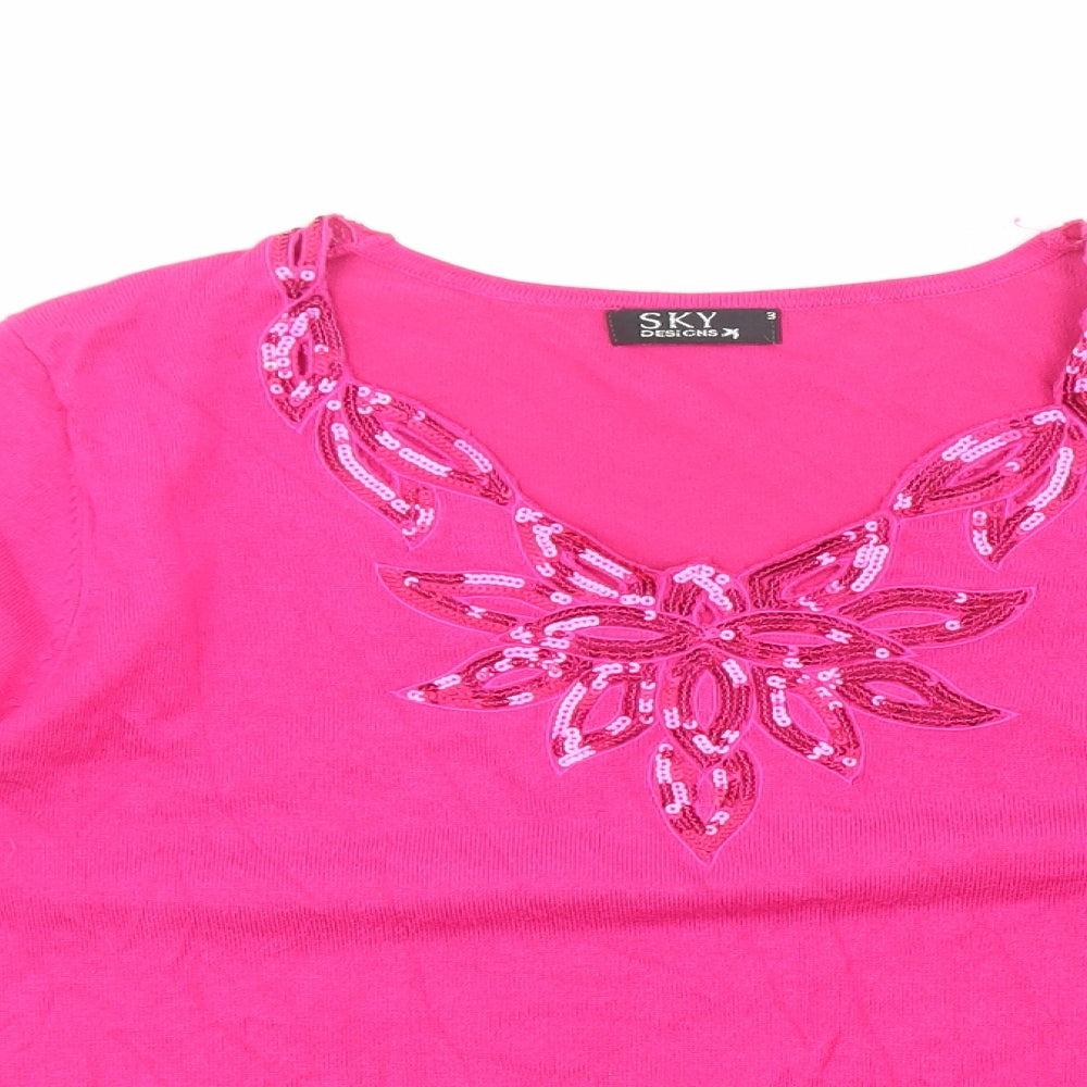 SKY DESIGNS Womens Pink Viscose Basic T-Shirt Size M V-Neck