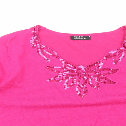 SKY DESIGNS Womens Pink Viscose Basic T-Shirt Size M V-Neck