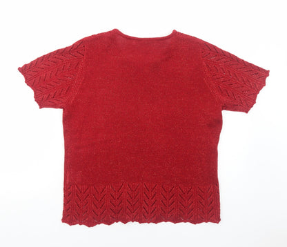 EWM Womens Red Acrylic Basic Blouse Size M Round Neck