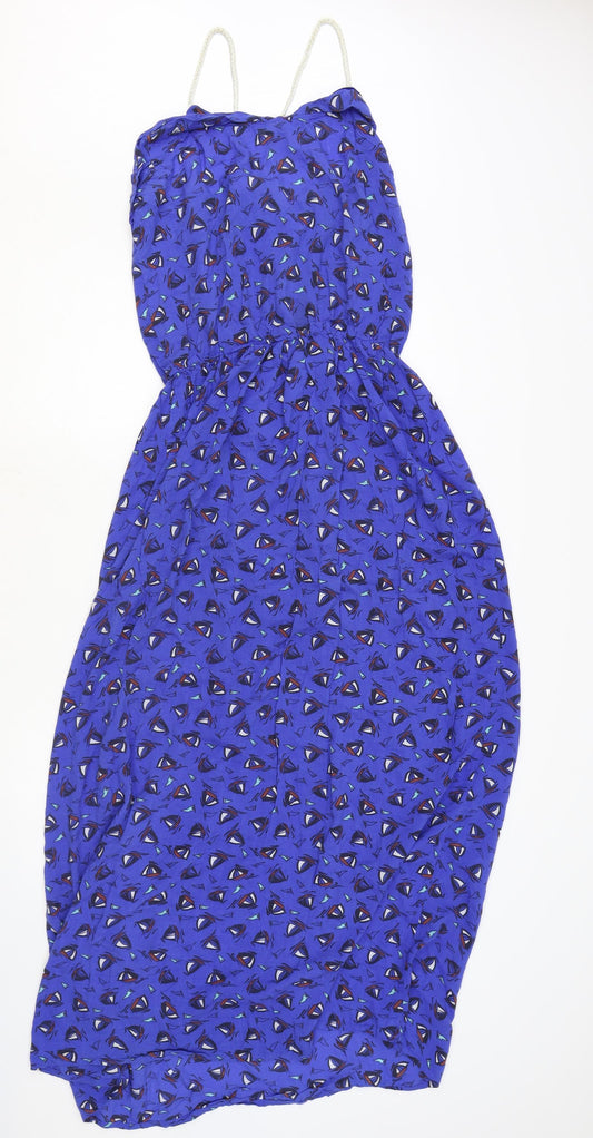 Ocean Club Womens Blue Geometric Polyester A-Line Size 10 Square Neck Pullover - Boat Print