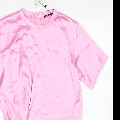 Zara Womens Pink Polyester T-Shirt Dress Size M Round Neck Zip