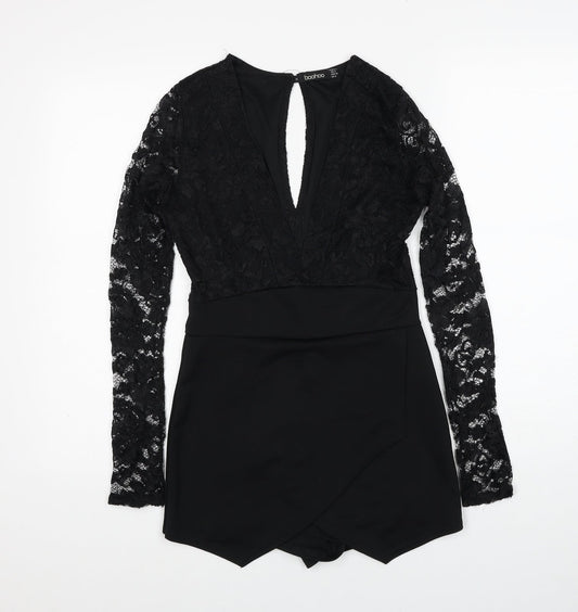 Boohoo Womens Black Polyester Playsuit One-Piece Size 6 Button