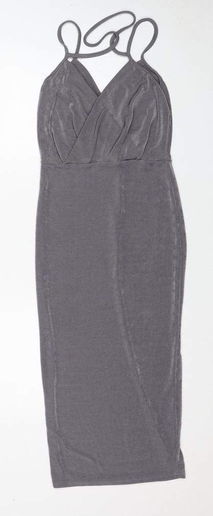 Missguided Womens Grey Polyester Pencil Dress Size 10 V-Neck Pullover