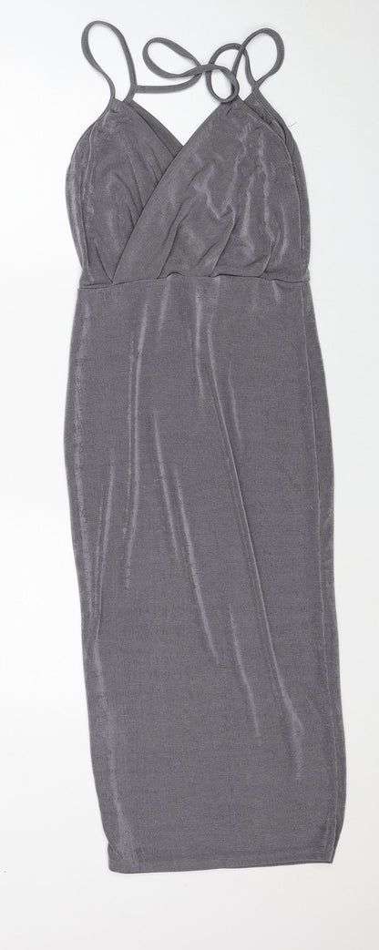 Missguided Womens Grey Polyester Pencil Dress Size 10 V-Neck Pullover