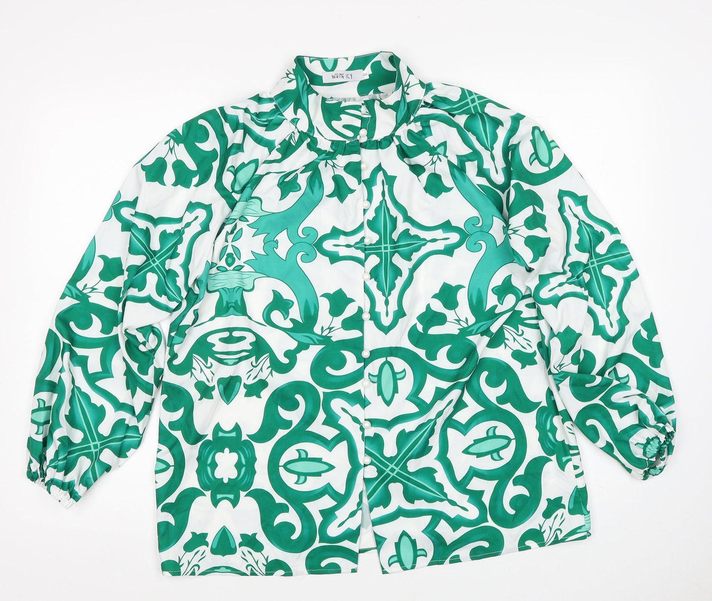 White Icy Womens Green Floral Polyester Basic Blouse Size S Round Neck