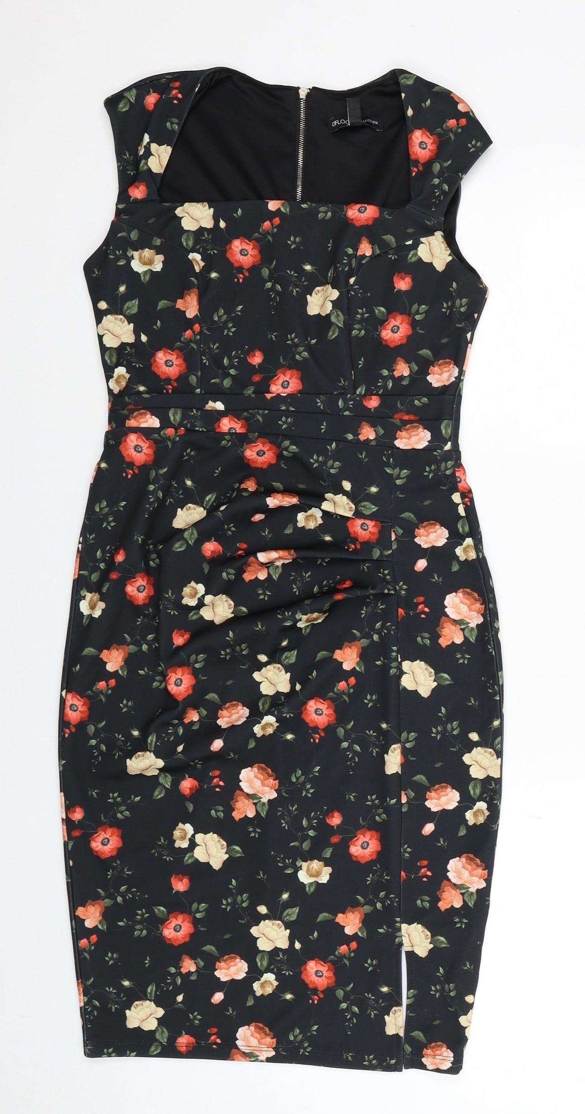 GFLock Womens Black Floral Nylon Shift Size 8 Square Neck Zip