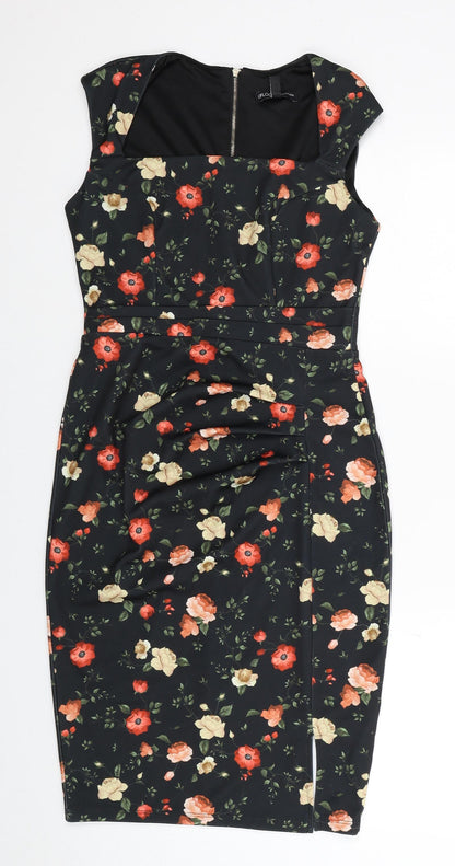GFLock Womens Black Floral Nylon Shift Size 8 Square Neck Zip