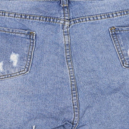 SheIn Womens Blue Herringbone Cotton Cut-Off Shorts Size L Regular Zip - Distressed