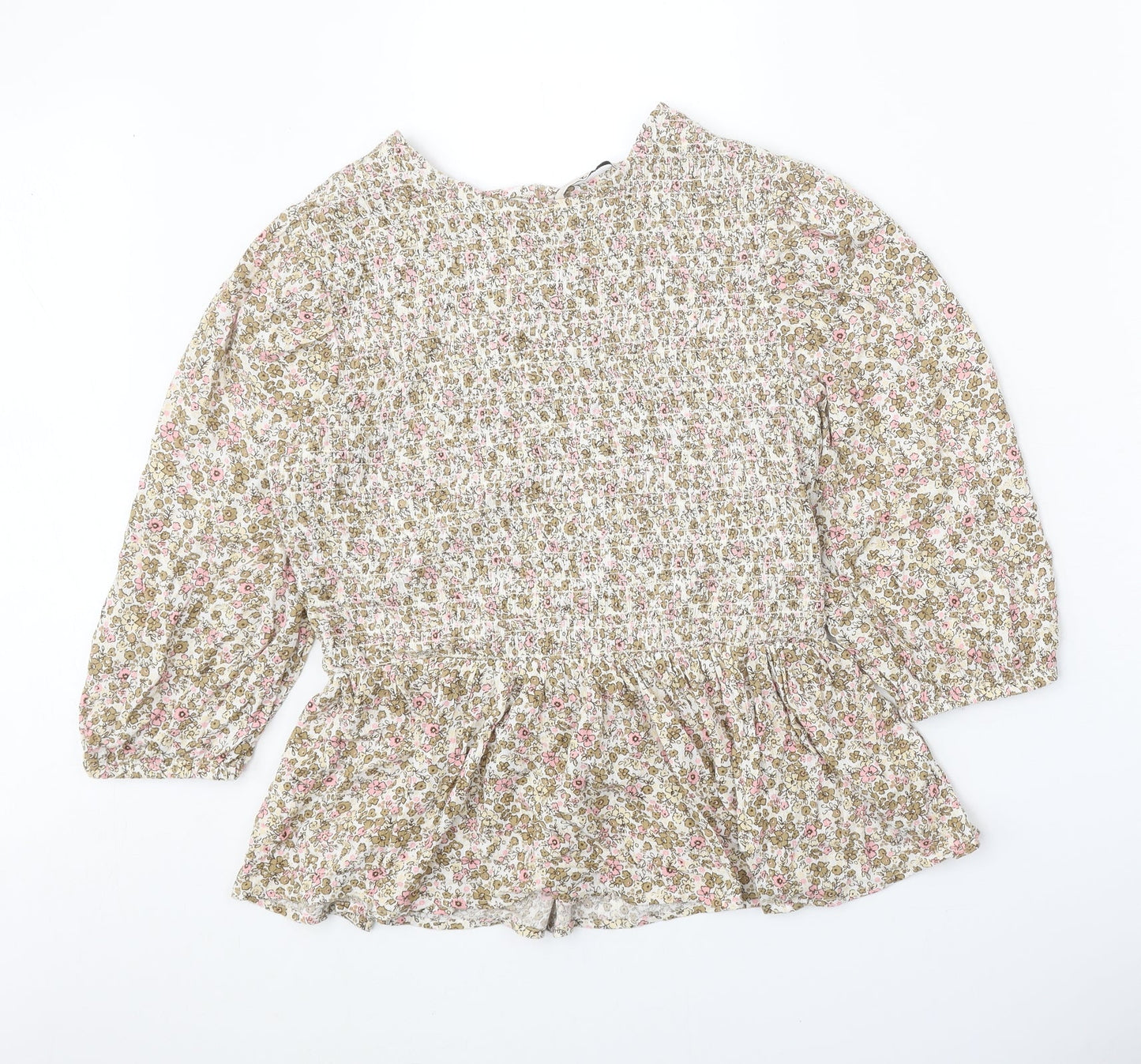 TU Womens Multicoloured Floral Viscose Cropped Blouse Size 12 Boat Neck - Shirred Bust Peplum