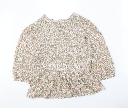 TU Womens Multicoloured Floral Viscose Cropped Blouse Size 12 Boat Neck - Shirred Bust Peplum