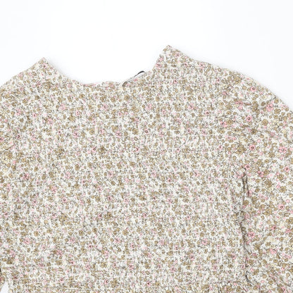 TU Womens Multicoloured Floral Viscose Cropped Blouse Size 12 Boat Neck - Shirred Bust Peplum