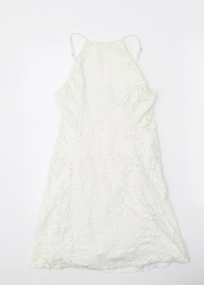 New Look Womens White Floral Nylon A-Line Size 8 Square Neck Zip - Lace Detail