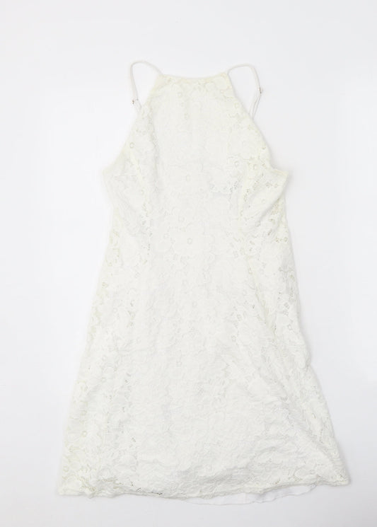 New Look Womens White Floral Nylon A-Line Size 8 Square Neck Zip - Lace Detail