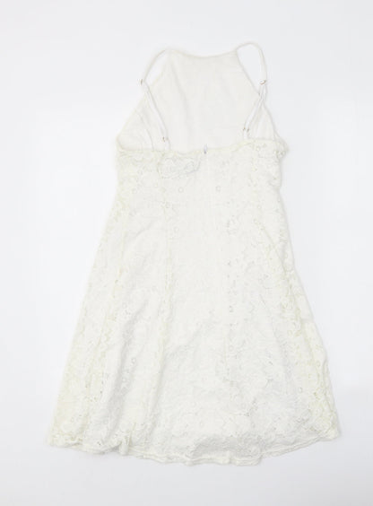 New Look Womens White Floral Nylon A-Line Size 8 Square Neck Zip - Lace Detail